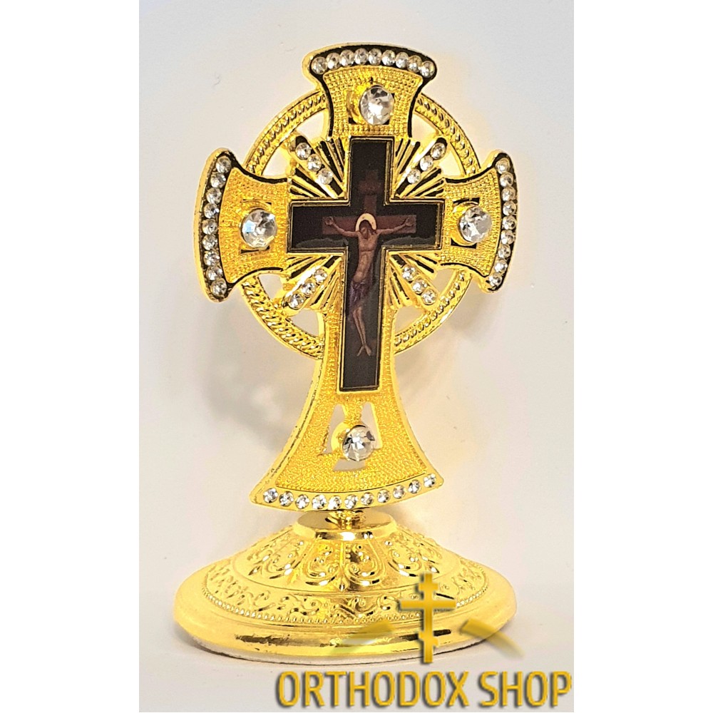 Православный крест с белыми камнями и распятием, Размер 8,5 х 5 cm. Освященный