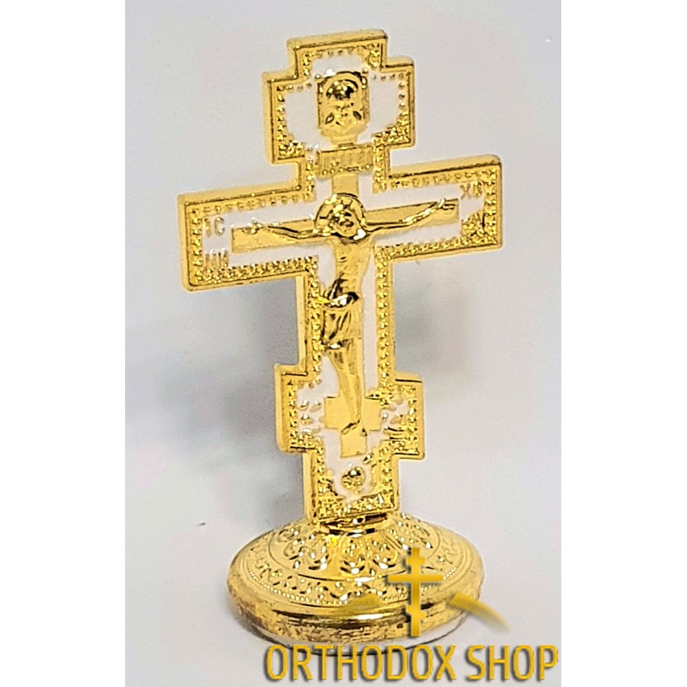 Православный крест с распятием и белым рандом, Размер 5,5 х 3 cm. Освященный